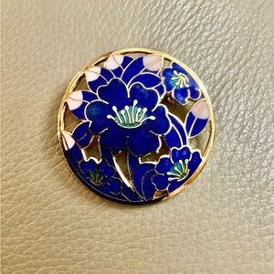 Attractive Floral Enamel Brooch - Blue and Gold